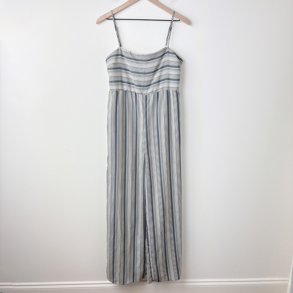 GILLI Jumpsuit Romper Pant Womens Large Gray Striped Lined Adjustable Straps‎